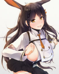 Rule 34 | 1girl, :d, animal ears, areola slip, azur lane, black hair, black skirt, braid, breasts, brown eyes, chikuma (azur lane), collared shirt, commentary request, dermar, hair ribbon, highres, large breasts, long hair, looking at viewer, open mouth, panties, rabbit ears, ribbon, shirt, signature, simple background, skirt, smile, solo, standing, underwear, white background, white shirt