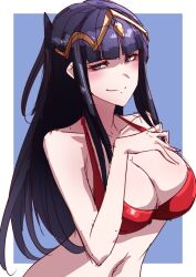 Rule 34 | 1girl, bikini, black hair, blush, breasts, cleavage, fire emblem, fire emblem awakening, hand on own chest, highres, large breasts, long hair, looking to the side, nintendo, swimsuit, tharja (fire emblem), to (tototo tk), twintails