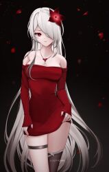 Rule 34 | 1girl, acheron (honkai: star rail), bare shoulders, black background, breasts, cleavage, dress, flower, flower necklace, highres, honkai: star rail, honkai (series), jewelry, legband, long hair, long sleeves, necklace, red dress, red eyes, red flower, sleepycake, strapless, strapless dress, thighs, white hair