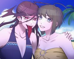 2girls beach bikini blue_eyes breasts brown_hair cleavage collarbone danganronpa_(series) danganronpa_another_episode:_ultra_despair_girls fingernails fukawa_toko genocider_shou hanatsuduki long_tongue multiple_girls naegi_komaru outdoors red_eyes sand swimsuit tagme tongue yuri