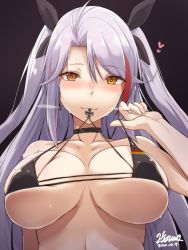 Rule 34 | 1girl, antenna hair, azur lane, bikini, bikini in mouth, black bikini, black choker, black ribbon, blush, breasts, brown eyes, choker, clothes in mouth, collarbone, commentary request, cross, dated, earrings, flag print, german flag bikini, grey background, hair between eyes, hair ribbon, heart, heavy breathing, hiruno, iron cross, jewelry, large breasts, long hair, looking at viewer, mole, mole on breast, multicolored hair, prinz eugen (azur lane), prinz eugen (unfading smile) (azur lane), pulling own clothes, red hair, ribbon, shiny skin, signature, silver hair, simple background, smile, solo, strap pull, streaked hair, sweat, swept bangs, swimsuit, two side up