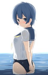 Rule 34 | 1girl, arms behind back, blue eyes, blue hair, blush, kamishiro sui, kichihachi, looking at viewer, looking back, matching hair/eyes, short hair, simple background, solo, swimsuit, tokyo 7th sisters, wading, water, wet
