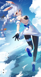 Rule 34 | 1girl, absurdres, animal ears, black gloves, black pants, blue footwear, blue hair, blue sky, braid, breasts, bridal garter, carrot hair ornament, closed mouth, cloud, commentary request, floating, food-themed hair ornament, gloves, hair ornament, highres, hololive, lake, long hair, looking at viewer, mountain, pants, rabbit, rabbit ears, rabbit girl, rabbit tail, scarf, scottie (phantom2), sky, small breasts, solo, thick eyebrows, thigh strap, twin braids, usada pekora, usada pekora (1st costume), virtual youtuber, water