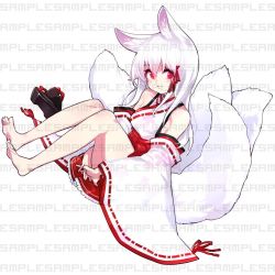 Rule 34 | 1girl, animal ears, barefoot, breasts, ejami, feet, hair ornament, long hair, looking at viewer, multiple tails, original, own hands clasped, own hands together, red eyes, sample watermark, sandals, simple background, smile, solo, tail, unworn sandals, watermark, white background, white hair