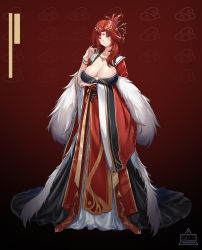 Rule 34 | 1girl, absurdres, arm under breasts, breasts, chinese clothes, cleavage, closed mouth, full body, hair ornament, hanfu, highres, honkai (series), honkai impact 3rd, large breasts, long sleeves, looking at viewer, murata himeko, na2cl, red background, red hair, smile, solo, yellow eyes