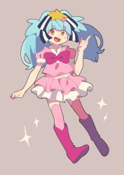 Rule 34 | 10s, 1girl, blue hair, boots, female focus, frilled skirt, frills, full body, hair ornament, hoshikawa lily, magical girl, nakkasu, pink thighhighs, simple background, skirt, solo, star (symbol), star hair ornament, thighhighs, twintails, zombie land saga