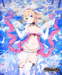 Rule 34 | 10s, 1girl, bangle, blonde hair, blue eyes, blush, bracelet, breasts, breasts apart, detached sleeves, donacoo, female focus, halo, head wings, jewelry, large breasts, long hair, navel, parted lips, partially submerged, petals, shingeki no bahamut, solo, thighhighs, very long hair, water, white thighhighs, white wings, wings, yuuhi homare
