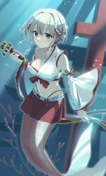 Rule 34 | 1girl, absurdres, bare shoulders, blue eyes, breasts, cleavage, commentary request, commission, detached sleeves, hair ornament, harishima danchi, highres, looking at viewer, medium breasts, mermaid, mermaid tail, mermaid transformation, monster girl, navel, nontraditional miko, original, ribbon-trimmed sleeves, ribbon trim, short hair, skeb commission, skirt, smile, solo, underwater, white hair