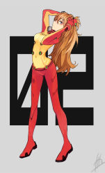 Rule 34 | 1girl, arched back, arms up, blue eyes, bodysuit, bra, bracer, breasts, brown hair, clothes writing, covered navel, eyeliner, from side, full body, gloves, grey background, hair between eyes, hair ornament, hairpods, hands on own head, interface headset, long hair, looking at viewer, makeup, multicolored clothes, nanakawa (nanasoon), neon genesis evangelion, orange hair, pilot suit, plugsuit, profile, rebuild of evangelion, see-through, signature, simple background, skinny, small breasts, solo, souryuu asuka langley, standing, test plugsuit, turtleneck, two side up, underwear, very long hair