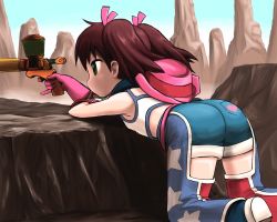 Rule 34 | 1girl, aiming, ass, bare shoulders, boots, brown hair, chaps, from behind, gloves, green eyes, gun, hair ribbon, hat, long hair, m.m, pinky out, ribbon, saru getchu, sayaka (saru getchu), short shorts, shorts, solo, weapon