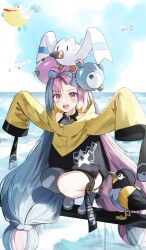 Rule 34 | 1girl, :d, asymmetrical bangs, bird, blue hair, bow-shaped hair, commentary request, creatures (company), day, full body, game freak, gen 3 pokemon, grey pantyhose, high heels, highres, imitating, iono (pokemon), jacket, light blue hair, long hair, looking at viewer, low-tied long hair, multicolored hair, nintendo, on head, open mouth, outdoors, outstretched arms, oversized clothes, pantyhose, pelipper, pentagon (railgun ky1206), pink eyes, pink hair, pokemon, pokemon (creature), pokemon on head, pokemon sv, sharp teeth, single leg pantyhose, sleeves past fingers, sleeves past wrists, smile, split-color hair, spread arms, squatting, star (symbol), teeth, two-tone hair, very long hair, very long sleeves, water, wattrel, wide sleeves, wingull, yellow jacket
