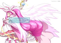 Rule 34 | 10s, 1girl, animal ears, rabbit ears, cape, cure whip, earrings, extra ears, food, food-themed hair ornament, frills, fruit, gloves, hair ornament, hat, kirakira precure a la mode, long hair, looking at viewer, magical girl, mahou girls precure!, matatabi (karukan222), pink eyes, pink hair, pom pom (clothes), pom pom earrings, precure, precure all stars, smile, solo, strawberry, twintails, wings, witch hat