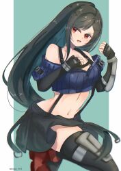 Rule 34 | 1girl, bare shoulders, belt, black gloves, black hair, black skirt, black thighhighs, blue sweater, blush, boots, clenched hands, cropped sweater, elbow gloves, final fantasy, final fantasy vii, final fantasy vii ever crisis, final fantasy vii remake, fingerless gloves, gloves, highres, kunugi 1532, long hair, midriff, navel, off-shoulder sweater, off shoulder, official alternate costume, open mouth, red eyes, red footwear, skirt, solo, square enix, suspender skirt, suspenders, sweater, thighhighs, tifa lockhart