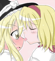 Rule 34 | 2girls, alice margatroid, blonde hair, blush, bow, closed eyes, dosukoiman, embarrassed, eyebrows, female focus, full-face blush, hairband, hat, hat bow, kirisame marisa, licking, licking another&#039;s face, long hair, looking at another, multiple girls, open mouth, short hair, shy, tongue, tongue out, touhou, witch hat, yellow eyes, yuri