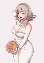 Rule 34 | 1girl, :d, akihiro94, bare arms, bouquet, bracelet, breasts, brown hair, cleavage, danganronpa (series), danganronpa 2: goodbye despair, dress, flower, grey background, hairband, heart, highres, holding, holding bouquet, jewelry, large breasts, looking at viewer, nanami chiaki, necklace, no mole, open mouth, pink eyes, pink flower, simple background, smile, solo, strapless, strapless dress, wedding dress, yellow flower