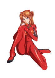Rule 34 | 1girl, absurdres, artist request, ass, blue eyes, bodysuit, brown hair, doll, flexible, full body, highres, lips, long hair, neon genesis evangelion, plugsuit, red bodysuit, simple background, sitting, solo, souryuu asuka langley, two side up, wide hips