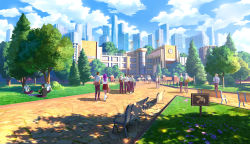 Rule 34 | absurdres, bag, building, bush, card, city, cloud, cloudy sky, dragon, fantasy, flower, grass, highres, kevin gnutzmans, league of legends, outdoors, park, people, playing, playing card, road, scenery, school, school uniform, sign, sky, star guardian (league of legends), tower, tree, walking