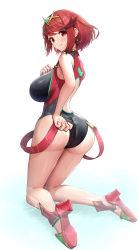 Rule 34 | 1girl, absurdres, ass, back cutout, black one-piece swimsuit, blush, breasts, closed mouth, clothing cutout, commentary request, competition swimsuit, earrings, from behind, gonzarez, hair ornament, highres, jewelry, kneeling, large breasts, looking at viewer, official alternate costume, one-piece swimsuit, partially submerged, pyra (pro swimmer) (xenoblade), pyra (xenoblade), red eyes, red footwear, red hair, red one-piece swimsuit, short hair, smile, solo, swept bangs, swimsuit, tiara, two-tone swimsuit, water, wet, white background, xenoblade chronicles (series), xenoblade chronicles 2