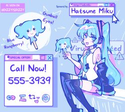 Rule 34 | !, 1girl, 39, aqua eyes, aqua hair, aqua necktie, artist name, black footwear, black skirt, black sleeves, blue theme, blush, boots, breasts, character name, collared shirt, commentary, cursor, detached sleeves, dizzyisdizzy, english commentary, english text, food, hair ornament, hatsune miku, headphones, headset, highres, holding, holding food, like and retweet, long hair, looking at viewer, medium breasts, melting, microphone, miniskirt, necktie, no nose, no pupils, number tattoo, open mouth, phone number, popsicle, shirt, shoulder tattoo, sitting, skirt, sleeveless, sleeveless shirt, smile, solo, tattoo, thigh boots, tie clip, twintails, very long hair, vocaloid, white shirt, window (computing)