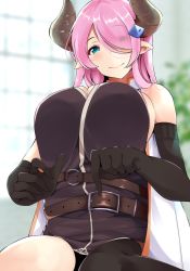 Rule 34 | 1girl, asymmetrical gloves, bare shoulders, black gloves, black thighhighs, blue eyes, blush, breasts, collared shirt, draph, elbow gloves, eyes visible through hair, gloves, granblue fantasy, hair ornament, hair over one eye, highres, horns, lap pillow invitation, large breasts, long hair, looking at viewer, low tied hair, narmaya (granblue fantasy), pink hair, pointing, pointing at self, pointy ears, shirt, single thighhigh, sleeveless, sleeveless shirt, smile, solo, thighhighs, ton ton tontoro, uneven gloves