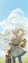 Rule 34 | 1girl, absurdres, blue sky, capelet, cloud, cumulonimbus cloud, day, dress, earrings, frieren, from behind, grey pantyhose, highres, holding, jewelry, kh4c, long sleeves, pantyhose, pointy ears, short dress, sky, solo, sousou no frieren, standing, suitcase, white capelet, white dress