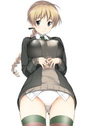 Rule 34 | 1girl, ahoge, blue eyes, blush, braid, breasts, brown thighhighs, cowboy shot, dress shirt, green thighhighs, hair ribbon, hatakenaka (kamagabuchi), highres, impossible clothes, jacket, large breasts, light brown hair, long hair, long sleeves, looking at viewer, lynette bishop, necktie, panties, pantyshot, ribbon, shirt, simple background, single braid, smile, solo, standing, strike witches, striped clothes, striped thighhighs, sweater, thighhighs, two-tone legwear, underwear, white background, white panties, white shirt, world witches series