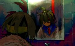 Rule 34 | 1boy, bathroom, blue shirt, closed mouth, collared shirt, creatures (company), crossed bangs, game freak, highres, jacket, kase (tak0 was4bi), kieran (pokemon), male focus, mirror, multicolored hair, necktie, nintendo, pokemon, pokemon sv, purple hair, red necktie, reflection, shirt, solo, tile wall, tiles, upper body, white jacket, yellow eyes