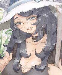 Rule 34 | 1girl, black choker, black eyes, black hair, black robe, breasts, choker, cleavage, glass, hat, highres, holding, holding staff, huge breasts, long hair, looking at viewer, mature female, nishi yoshiyuki, open mouth, original, rimless eyewear, robe, round eyewear, smile, solo, staff, teeth, upper body, upper teeth only, witch, witch hat