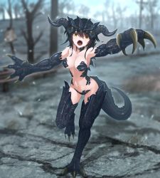 Rule 34 | 1girl, breasts, claws, deathclaw, fallout (series), fallout 4, highres, horns, incoming attack, looking at viewer, medium breasts, monster girl, navel, open mouth, personification, sharp teeth, slit pupils, solo, spikes, standing, standing on one leg, tail, teeth, tom-neko (zamudo akiyuki), yellow eyes