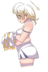 Rule 34 | 1girl, ahoge, armband, black-framed eyewear, blonde hair, blue archive, blush, braid, breasts, cheerleader, cropped legs, from side, glasses, halo, highres, holding, holding pom poms, kotori (blue archive), long hair, medium breasts, miniskirt, muffin top, nimo (b45ui), open mouth, pleated skirt, plump, pom pom (cheerleading), pom poms, semi-rimless eyewear, simple background, skirt, solo, teardrop-framed glasses, thigh strap, white background, white skirt, yellow halo
