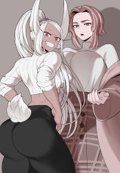 Rule 34 | 2girls, :d, :o, absurdres, animal ears, ass, back, black pants, boku no hero academia, breasts, brown jacket, clothing cutout, cropped sweater, dark-skinned female, dark skin, from behind, hands on own hips, highres, jacket, koyap, lady nagant, large breasts, long eyelashes, long hair, looking at viewer, medium hair, mirko, multicolored hair, multiple girls, off shoulder, open mouth, pants, parted bangs, plaid, plaid skirt, ponytail, rabbit ears, rabbit girl, rabbit tail, red eyes, ribbed sweater, skirt, smile, sweater, sweater tucked in, tail, tail through clothes, teeth, thighs, tight clothes, tight pants, turtleneck, turtleneck sweater, two-tone hair, upper teeth only, very long hair, white hair, white sweater, yoga pants