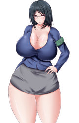 Rule 34 | 1girl, black hair, blush, breasts, cleavage, glasses, huge breasts, saogokushi, skirt, solo, thick thighs, thighs, tight clothes