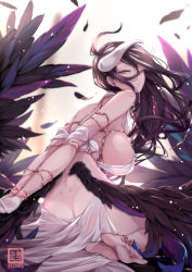 Rule 34 | 1girl, albedo (overlord), arms behind back, artist logo, ass, bare shoulders, barefoot, black feathers, black hair, bound, bound arms, bound wrists, breasts, butt crack, demon girl, demon horns, demon wings, dress, feathered wings, feathers, gloves, highres, horns, large breasts, long hair, looking at viewer, low wings, nekomimipunks, overlord (maruyama), parted lips, revealing clothes, sideboob, soles, solo, white dress, white gloves, wings, yellow eyes