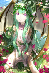 Rule 34 | 1girl, bare shoulders, claws, delsaber, dragon girl, dragon horns, dragon tail, dragon wings, dress, flower, flower necklace, grass, green hair, green scales, hair flower, hair ornament, highres, horns, jewelry, leaf, looking at viewer, necklace, original, pink eyes, pointy ears, sitting, smile, tail, wariza, white dress, wings