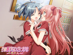 2girls azumi_risa blue_hair blush closed_eyes happy hug kani_biimu long_hair multiple_girls pink_hair ribbon sample_watermark school_uniform shinozaki_rikka short_hair sono_hanabira_ni_kuchizuke_wo watermark yuri