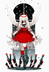 Rule 34 | 1girl, 21 ke, angel, angel wings, black bow, black bowtie, black footwear, black gloves, boots, bow, bowing, bowtie, braid, closed mouth, curtsey, debris, eyepatch, feathered wings, fingernails, frilled skirt, frills, full body, gloves, hair between eyes, half-closed eye, half gloves, halo, high-waist skirt, highres, knee boots, kneehighs, knife, leaning forward, light particles, long hair, looking down, one eye covered, original, planted, planted knife, planted weapon, red eyes, red halo, red nails, red skirt, red socks, serious, side braid, single braid, single glove, skirt, skirt hold, sleeves past elbows, socks, solo, spiked halo, standing, standing on one leg, striped bow, striped bowtie, striped clothes, sweater, very long hair, weapon, white hair, white sweater, white wings, wings