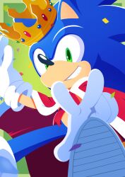 Rule 34 | 1boy, absurdres, animal ears, animal nose, cape, commentary, confetti, crown, english commentary, furry, furry male, gloves, green eyes, grin, highres, hipstersilver, looking at viewer, male focus, official style, red cape, shoe soles, shoes, smile, solo, sonic (series), sonic the hedgehog, uno yuuji (style), v, white gloves