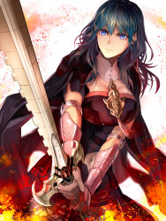 Rule 34 | 1girl, black coat, black shirt, black shorts, blue eyes, blue hair, bodice, breasts, brown pantyhose, bustier, byleth (female) (fire emblem), byleth (fire emblem), cleavage, closed mouth, clothing cutout, coat, collarbone, commentary request, cowboy shot, crop top, delsaber, fire, fire emblem, fire emblem: three houses, highres, holding, holding sword, holding weapon, large breasts, long hair, medal, navel, navel cutout, nintendo, pantyhose, pantyhose under shorts, patterned legwear, shirt, short shorts, shorts, solo, standing, sword, sword of the creator, tassel, vambraces, weapon