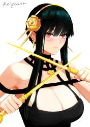 Rule 34 | 1girl, absurdres, black dress, black gloves, black hair, breasts, cleavage, dress, dual wielding, earrings, flower, gloves, hair between eyes, hair flower, hair ornament, hair stick, hairband, highres, holding, holding weapon, jewelry, large breasts, looking at viewer, needle, off-shoulder dress, off shoulder, red eyes, reiquant, short hair with long locks, sidelocks, simple background, sleeveless, sleeveless dress, solo, spy x family, throwing needles, upper body, weapon, white background, yor briar