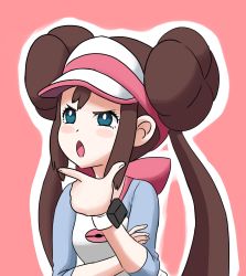 Rule 34 | awesomeerix, blue background, blue eyes, blush, brown hair, creatures (company), double bun, emoji, game freak, hair bun, hand on own chin, hat, highres, nintendo, open mouth, outline, pale skin, pantyhose, pink background, pink hat, poke ball, pokemon, pokemon bw2, pokemon masters ex, rosa (pokemon), stroking own chin, thinking, thinking emoji, tongue, tongue out, twintails, upper body, white hat, white outline