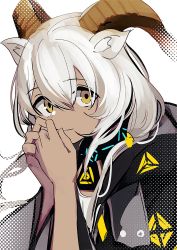Rule 34 | 1girl, animal ears, arknights, beeswax (arknights), black collar, black jacket, collar, dark-skinned female, dark skin, goat ears, goat girl, goat horns, grey hair, halftone, hands up, highres, hood, hood down, hooded jacket, horns, infection monitor (arknights), jacket, looking at viewer, open clothes, open jacket, portrait, shirt, simple background, solo, tetuw, white background, white shirt, yellow eyes