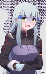 Rule 34 | 1girl, absurdres, anger vein, blunt bangs, commentary, english text, facial tattoo, gar32, german flag, girls&#039; frontline, green eyes, hair ornament, highres, hk416 (girls&#039; frontline), holding, holding knife, holding weapon, jacket, knife, long hair, open mouth, shaded face, silver hair, smile, solo, straight hair, tattoo, weapon, yandere