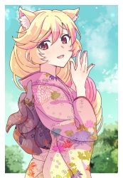 Rule 34 | 1girl, :d, animal ears, blonde hair, blush, brown eyes, cat ears, e20, fang, floral print, from side, hair between eyes, hands up, japanese clothes, kimono, long hair, long sleeves, looking at viewer, looking to the side, mashima himeko (show by rock!!), multicolored hair, open mouth, own hands together, palms, pink hair, pink kimono, print kimono, show by rock!!, smile, solo, two-tone hair, very long hair, wide sleeves