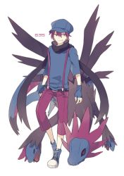 Rule 34 | 10s, 1boy, arms at sides, bad id, bad pixiv id, belt, black scarf, blue footwear, blue gloves, blue hat, boots, creatures (company), cross-laced footwear, fingerless gloves, full body, game freak, gen 5 pokemon, gloves, grin, hat, highres, hydreigon, lace-up boots, looking to the side, male focus, nintendo, o-ishi, pants, personification, pokemon, pokemon (creature), pokemon bw, purple hair, purple pants, red eyes, scarf, simple background, sleeves past elbows, smile, standing, standing on one leg, suspenders, white background