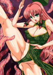 Rule 34 | 1girl, breasts, cameltoe, china dress, chinese clothes, cleavage, cleavage cutout, clothing cutout, dress, covered erect nipples, fighting, green eyes, green panties, groin, highres, hong meiling, huge breasts, kicking, long hair, n (dai n honpo), panties, red hair, solo, tentacles, thighs, touhou, underwear, very long hair