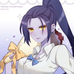 Rule 34 | 1girl, alternate costume, artist name, blue bow, blue bowtie, bouquet, bow, bowtie, breasts, buttons, casual, collarbone, collared shirt, colored skin, dress shirt, earrings, facebook username, flower, gradient background, hand up, heart, high ponytail, highres, holding, holding bouquet, holding flower, jewelry, kaoruru (sakuno2911), long hair, long sleeves, looking at viewer, over shoulder, overwatch, overwatch 1, ponytail, purple hair, purple lips, purple skin, red flower, red rose, rose, shirt, solo, sparkle, stud earrings, upper body, valentine, white shirt, widowmaker (overwatch), yellow eyes
