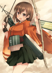 Rule 34 | 10s, 1girl, archery, arrow (projectile), blush, bow (weapon), brown eyes, brown hair, gloves, hiryuu (kancolle), japanese clothes, kantai collection, kouno hikaru, kyuudou, looking at viewer, muneate, partially fingerless gloves, partly fingerless gloves, personification, pleated skirt, quiver, short hair, single glove, skirt, smile, solo, weapon, wide sleeves, yugake