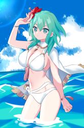 Rule 34 | 1girl, arm up, bikini, breasts, byleth (female) (fire emblem), byleth (fire emblem), cleavage, enlightened byleth (female), fire emblem, fire emblem: three houses, fire emblem heroes, flower, gold necklace, green eyes, green hair, hair flower, hair ornament, hibiscus, highres, in water, jewelry, kashii kaoru, large breasts, looking at viewer, medium hair, midriff, necklace, nintendo, official alternate costume, red flower, solo, swimsuit, white bikini