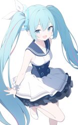 Rule 34 | 1girl, :d, absurdres, bare shoulders, blue archive, blue eyes, blue hair, blue sailor collar, breasts, center frills, chinese commentary, commentary request, dress, frills, hair between eyes, hair ribbon, hatsune miku, highres, jyt, long hair, looking at viewer, multicolored hair, open mouth, pink hair, ribbon, sailor collar, sailor dress, shoes, simple background, sleeveless, sleeveless dress, small breasts, smile, solo, standing, standing on one leg, streaked hair, twintails, very long hair, vocaloid, white background, white dress, white footwear, white ribbon, wrist cuffs