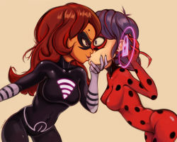Rule 34 | 2girls, alya cesaire, blue eyes, blue hair, bodysuit, breasts, brown hair, disney, domino mask, earrings, elbow gloves, female focus, gloves, jewelry, kiss, leaning forward, lipstick, long hair, looking at another, makeup, marinette dupain-cheng, mask, medium breasts, miraculous ladybug, multiple girls, purple eyes, restrained, saucy-scones, shiny clothes, short hair, surprised, twintails, wifi, yuri